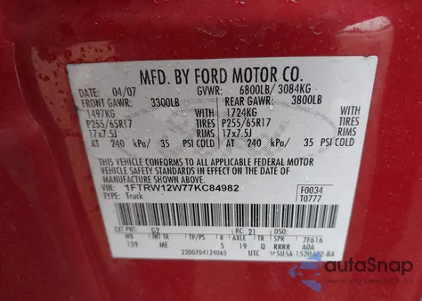 2007 Ford F-150 Xlt из США, поврежденный, VIN 1FTRW12W77KC84982